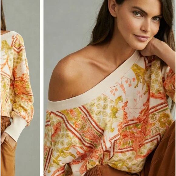 ANTHROPOLOGIE x DAILY PRACTICE Cropped Off Shoulder Sweatshirt Orange Sz L {3W5} - Picture 2 of 9